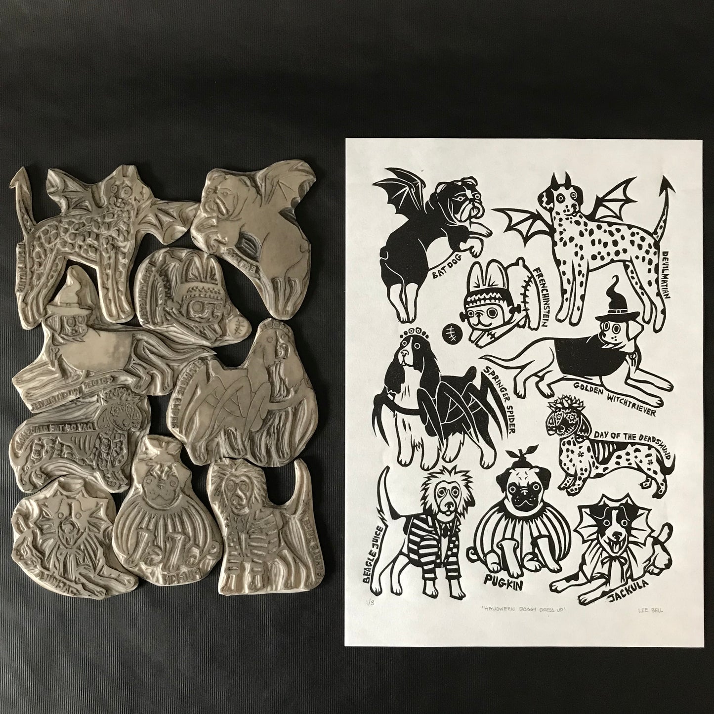 Original Handprinted ‘Doggy Dress Up’ Lino Prints