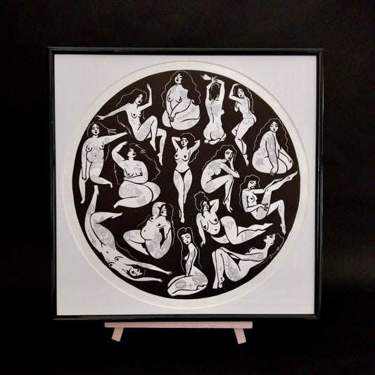 ORIGINAL HANDMADE 'TATTOO GIRLS' GOLD & SILVER LINOCUT PRINT