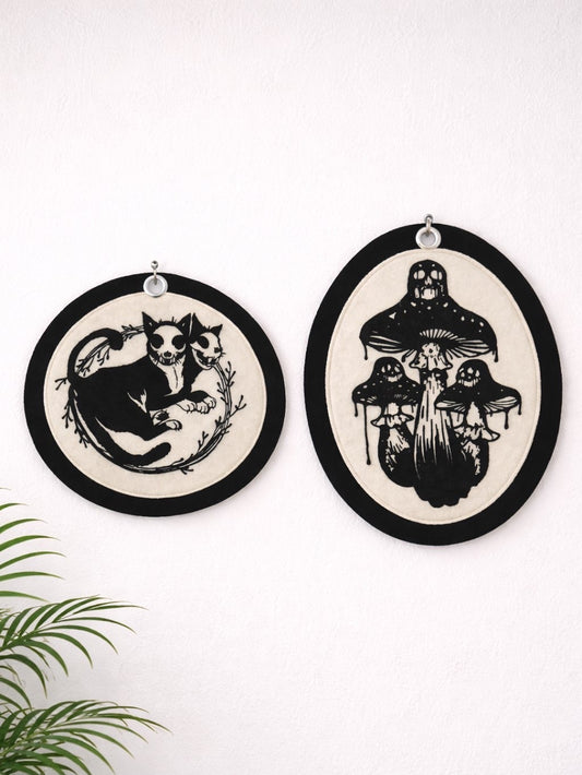 Gothic Felt Wall Hanging, Cat or Mushroom Textile Art, Dark Botanical Wall Decor, Handmade Gothic Home Decor