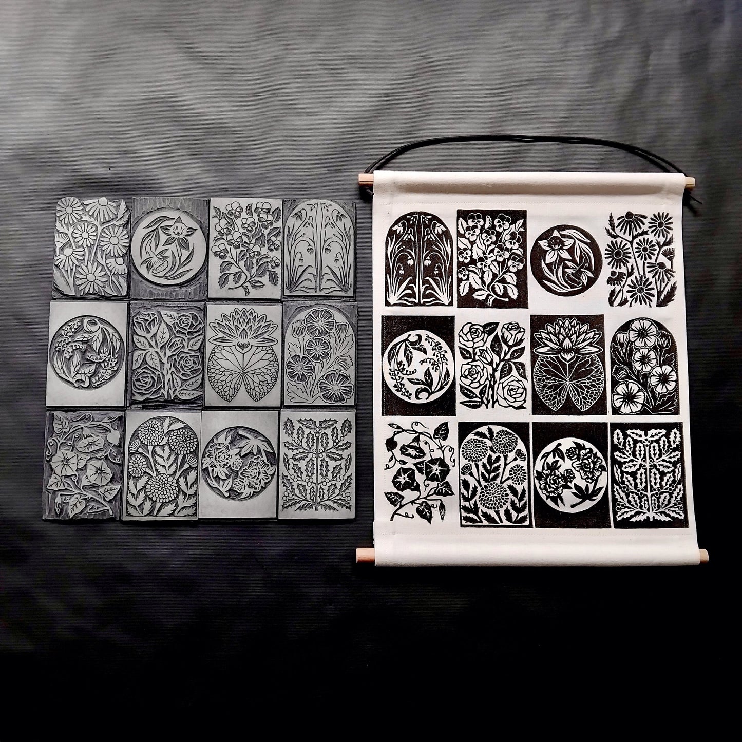 Original Handmade X12 Birth Flower Black Lino Wall Art Print