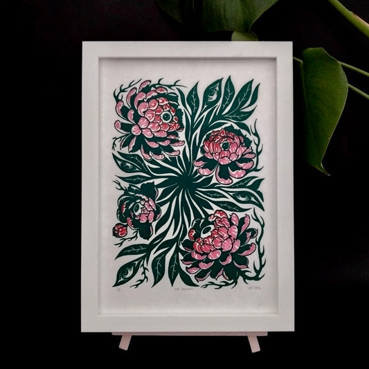 Original Handmade ‘Eye Blossom’ In Gold & Green/Pink - A4