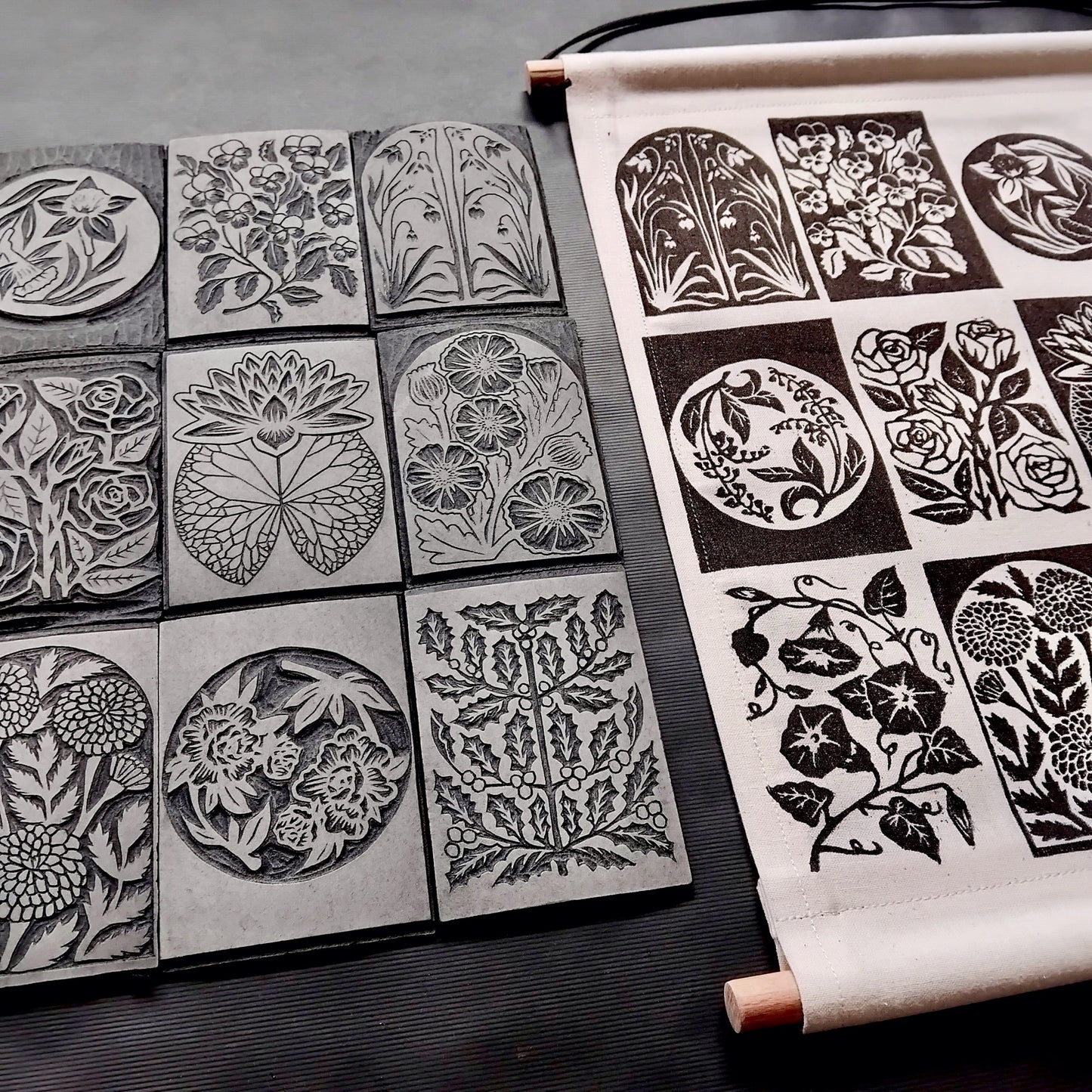 Original Handmade X12 Birth Flower Black Lino Wall Art Print