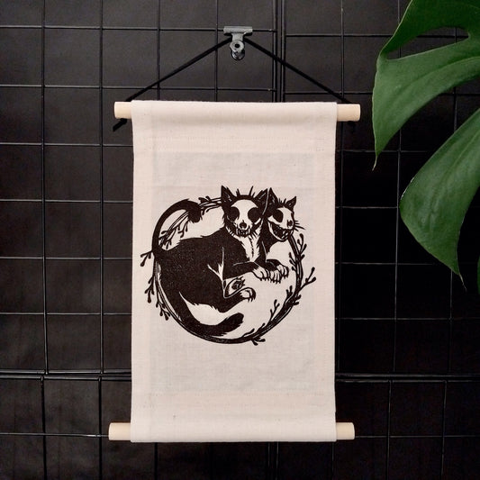 Fabric Wall Hanging Banner - Two-Headed Skull Cats
